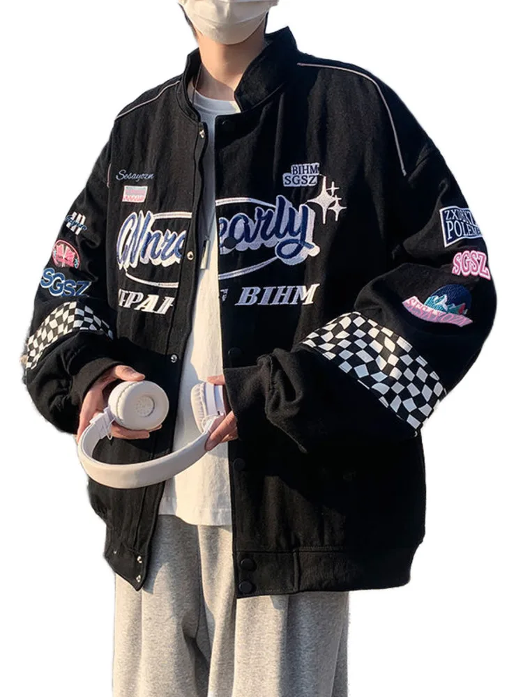 

Куртка-бомбер Мужская/женская с вышивкой, модная уличная одежда в клетку, мотоциклетная винтажная куртка в стиле хип-хоп, Y2K, Харадзюку, пальто на осень
