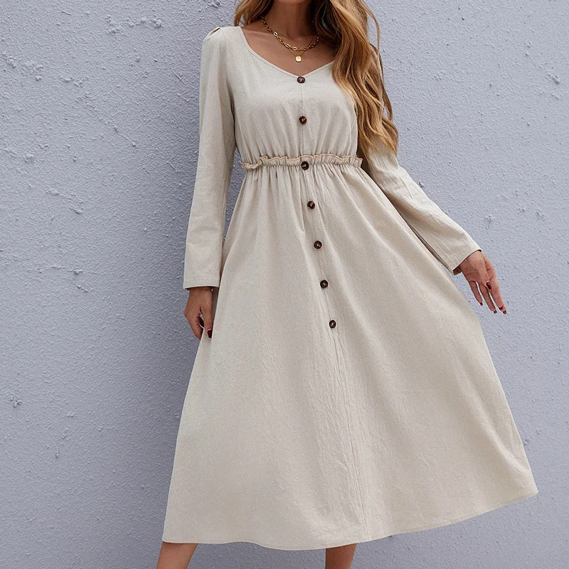

2023 Spring Autumn Women Puff Long Sleeve Dress Casual V Neck Big Hem Party Midi Dress Elegant Vintage Button High Waist Dress