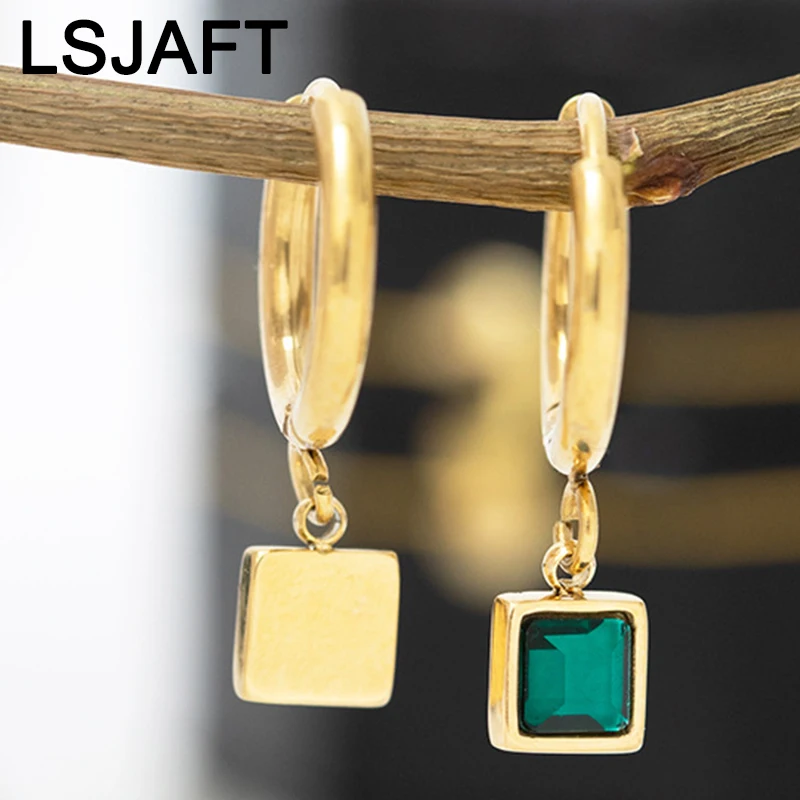 

Fashion Gold Plated Stainless Steel Black Green White Square Cubic Zircon Dangle Drop Hoop Earrings Jewelry Christmas Gift Party