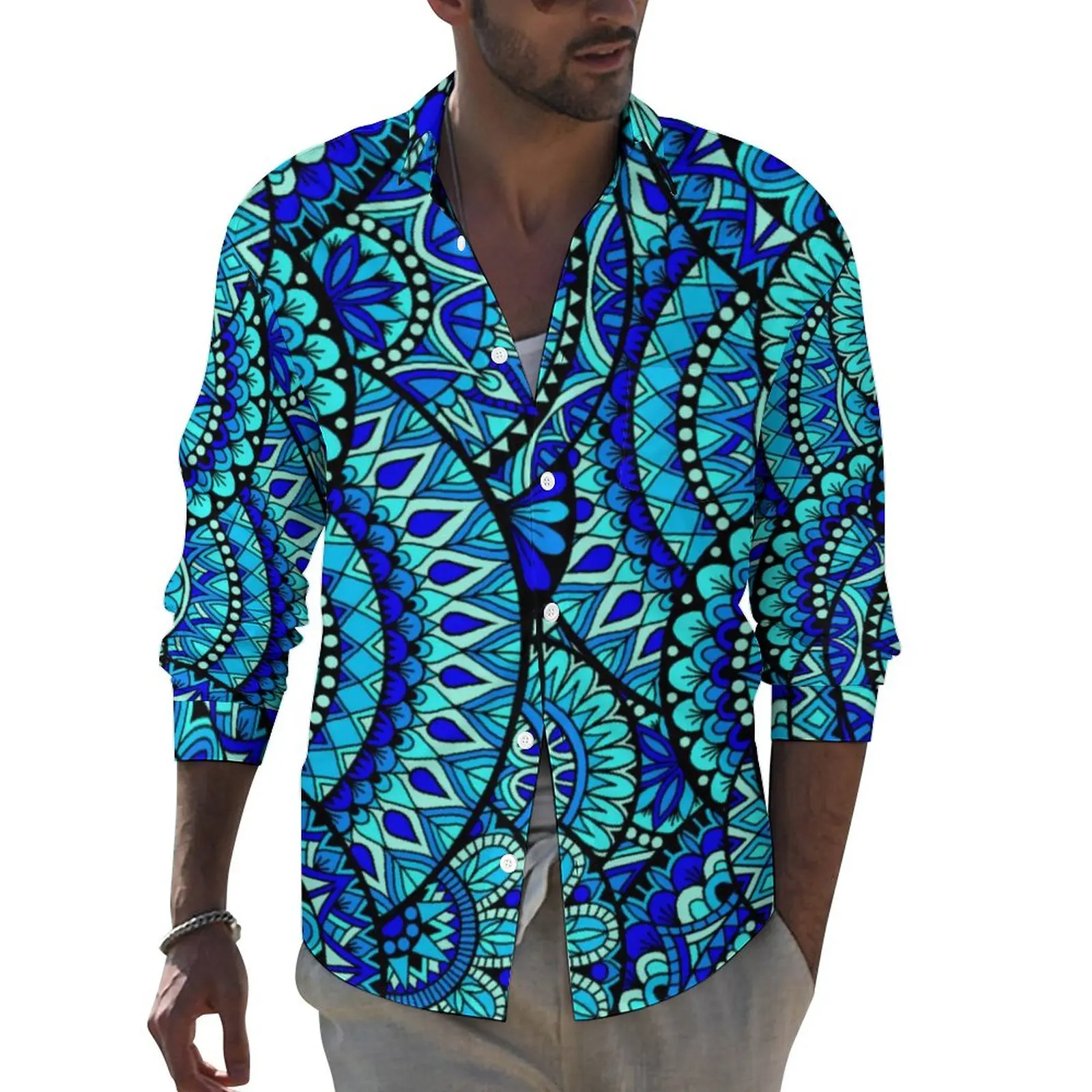 

Ocean Mandala Print Casual Shirts Abstract Flower Shirt Long Sleeve Fashion Aesthetic Blouses Autumn Graphic Clothing Plus Size