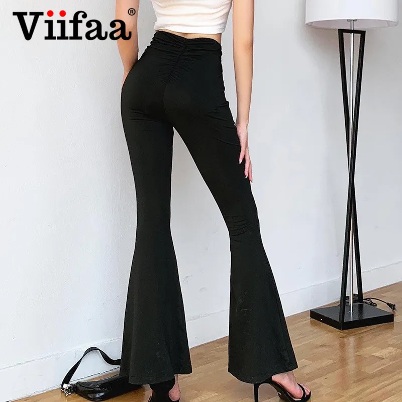 

FAKUNTN Viifaa Black Solid High Waist Skinny Flare Pants Women 2020 Ruched Back Slim Fit Femme Spring Stretchy
