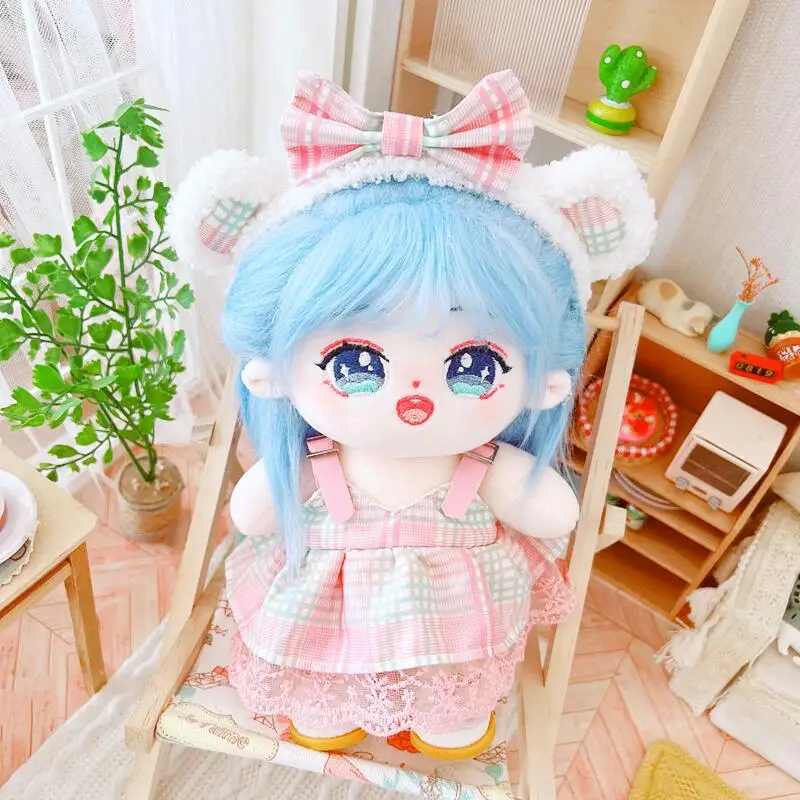 

20CM Doll Clothes Plaid Skirt JK Clothes +Butterfly Head-band Dress Up Cute Plush Dolls Accessories Kpop EXO idol Dolls Gift