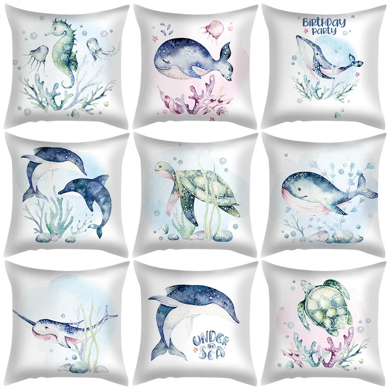 

Cartoon Marine Life Cushion Cover Cute Whales Turtles Seahorses Dolphins Print Pillow Cover Kid's Room Decorations Pillowcases