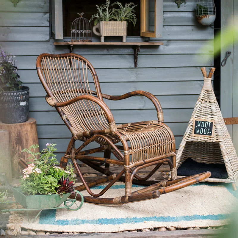 

GY Ancient Hand-Woven Rattan Chair Rocking Chair Recliner Natural Agate Rattan Retro Art Terrace Courtyard Furniture