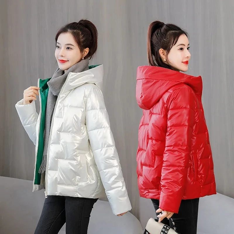 Down Cotton Coat Womens 2022 Autumn Winter New Fashion Loose Casual Padded Jacket Women Large Size Hooded Warm Shiny Parkas