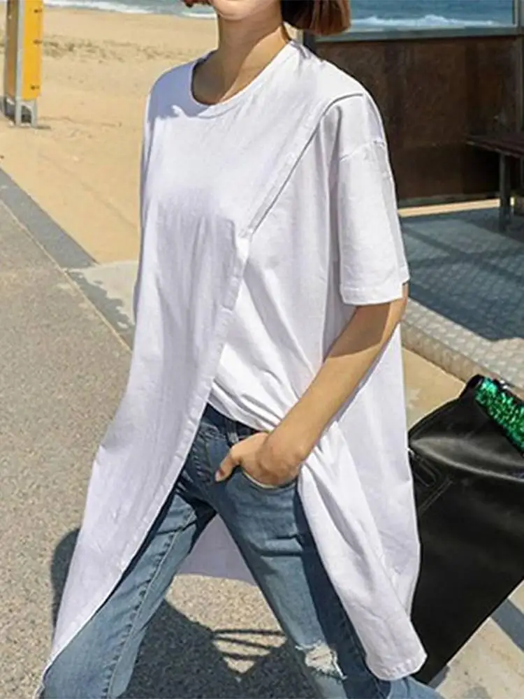 

VONDA 2023 Summer Women Tops Sexy Short Sleeve O Neck Casual Split Tunic Shirt Loose Solid Vintage Party Blouse Blusas Femininas