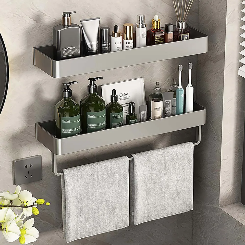 

Space Aluminum Bathroom Shelves Towel Rack Gun Gray Wall Mounted Storage Racks Shower Corner Shelf with Bar Bathroom Accessories