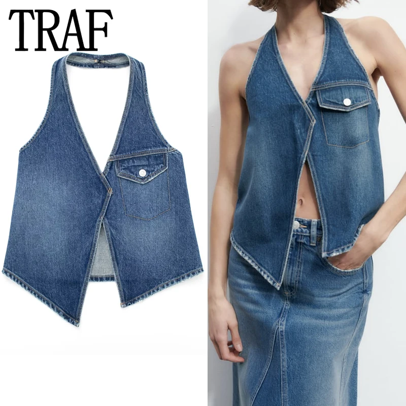 TRAF Blue Denim Top Female Halter Backless Crop Top Women Asymmetric Off Shoulder Tops For Women Sleeveless Summer Sexy Tops