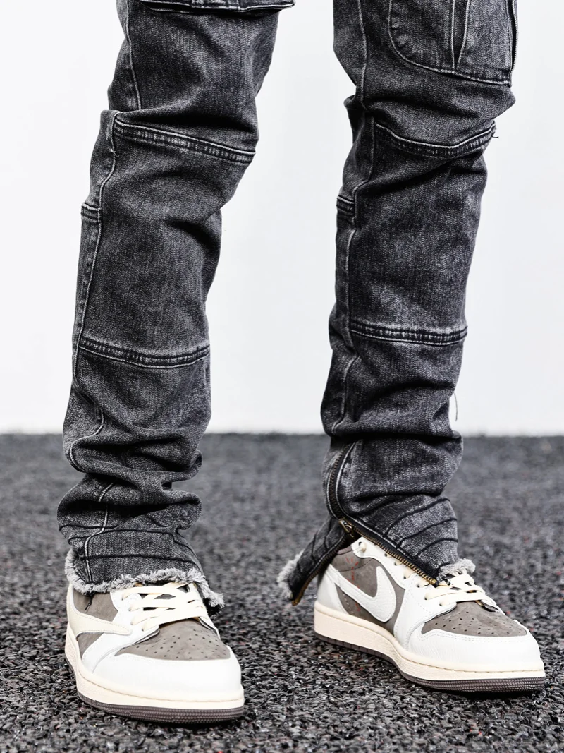 Retro Washed Denim Jeans Mens Bottom Zipper Jean Trousers with Pockets Hip Hop Fashion High-street Slim Fit Pants Joggers Jeans