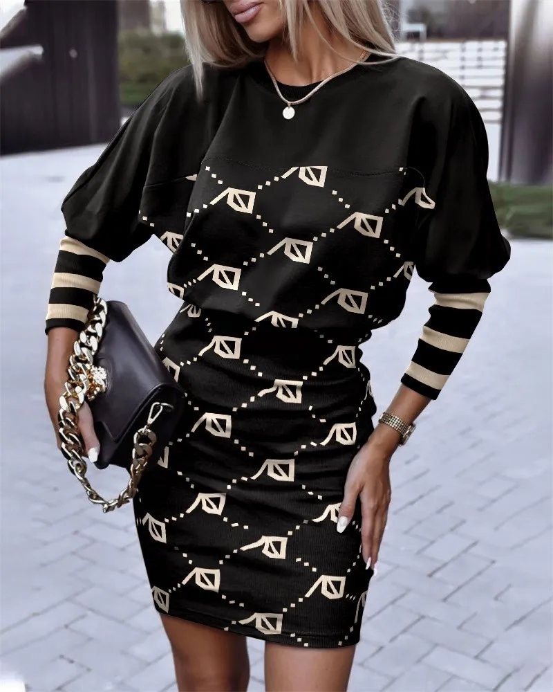 

Fashion Long Sleeve O Neck Mini Dress Autumn Ladies Button Splicing Loose Dress New Vintage Geometric Print A-line Dress