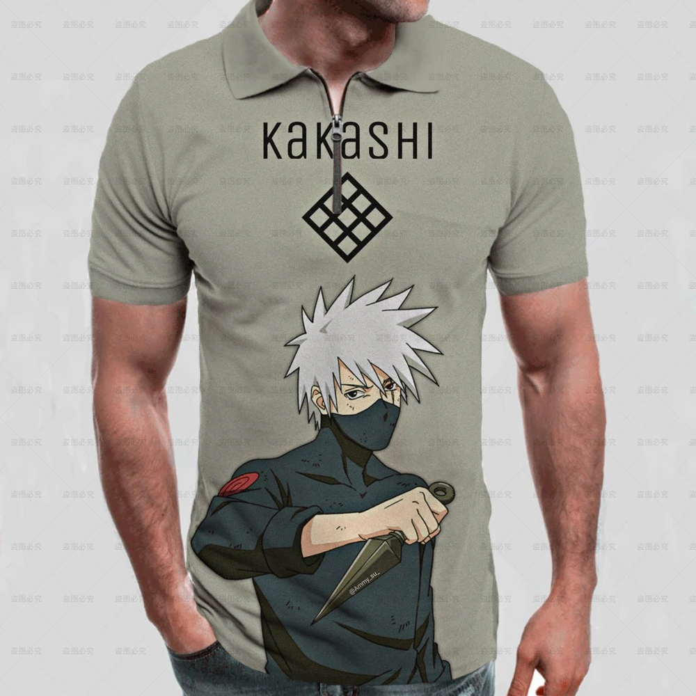 

Рубашка-поло мужская с принтом Наруто, Повседневная Уличная футболка на молнии, с принтом Какаси Наруто, не Саске, лето