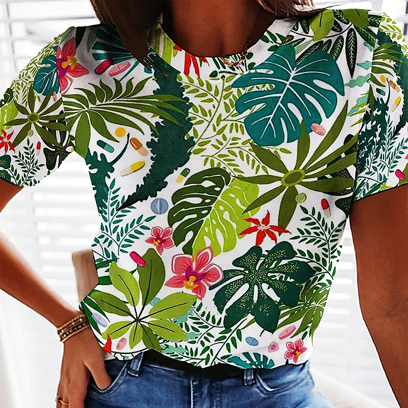 

2022 Summer New 3d Printed T-Shirt Floral Fashion Cool Irregular Pattern Short Sleeve Round Neck Quick Dry Top Women Loose Stree