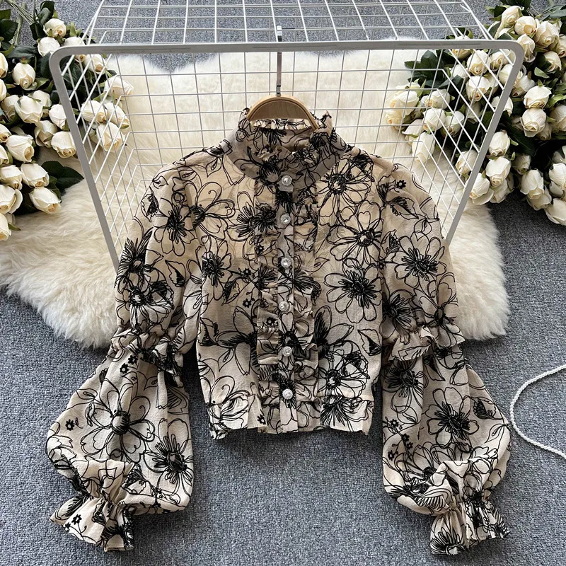 

Vintage Design Printed Lantern Sleeve Shirt Autumn Top Women's New Stand Collar Temperament Shirt blusas mujer de moda 2022