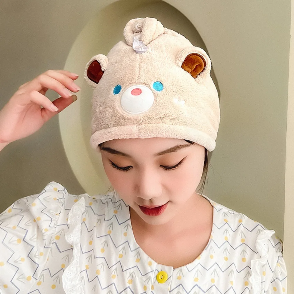 Шапочка для сухого волос с милым медвежонком впитывающая быстрая коралловая