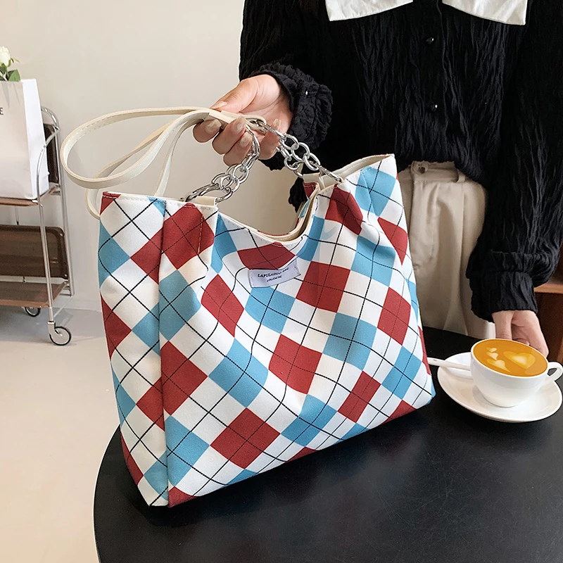 

Lattice Print Shoulder Bag Canvas Handbag Women Large Capacity Tote Bags Fashion Ladies Shopper Bag Purse Casual bolsa feminina