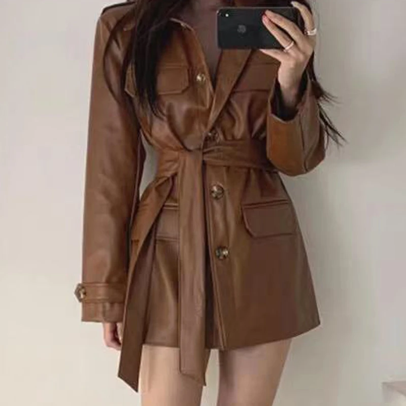 Clothland Women Chic PU Leather Jacket Pockets Long Sleeve Belt Single Breasted Khaki Black Fashion Coat Mujer CA439