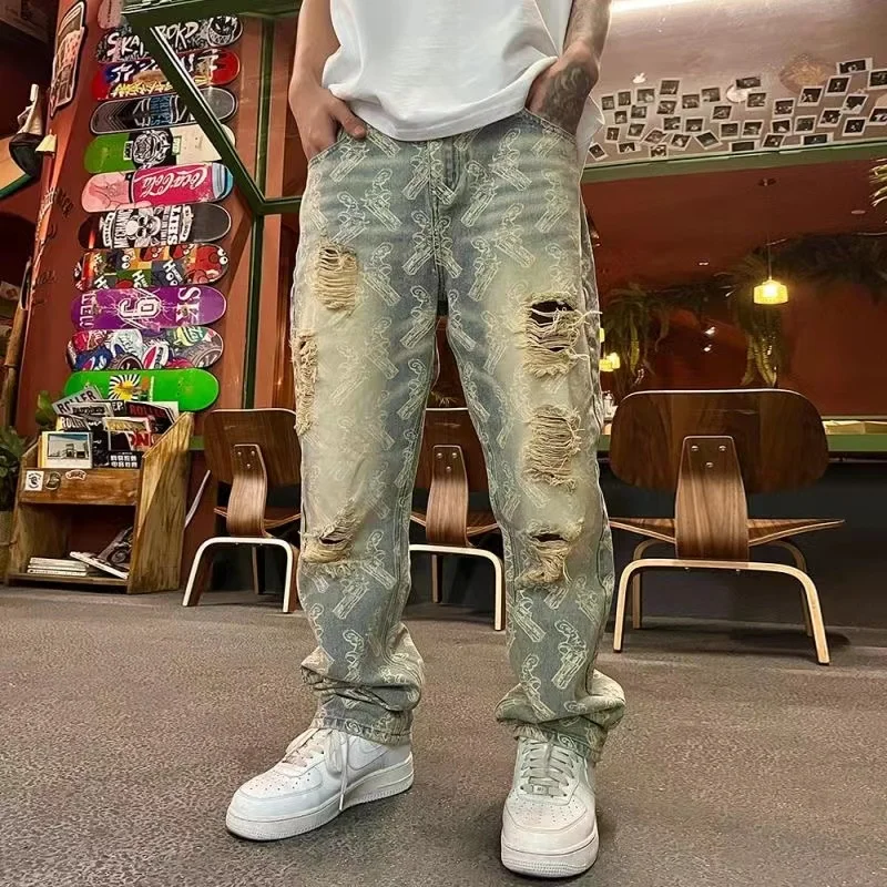 Y2K Korean Vintage Streetwear Casual Pistol Ripped Baggy Pants Wide Leg Grunge Jeans Men Graphic Denim Trousers Brand Clothing