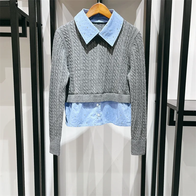 

Women 2023 Autumn and Winter Rhinestone Fake Two-piece Knitted Detachable Collar Short Sweater