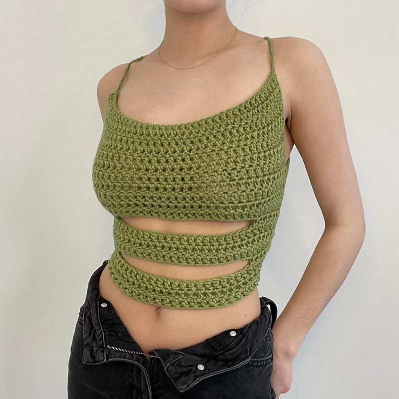 

New Summer Strap Sexy Exposed Navel Camisole Top Deep V Fashion Knit Cut Out Short Top Women Hollow Back Lace Up Tank Top