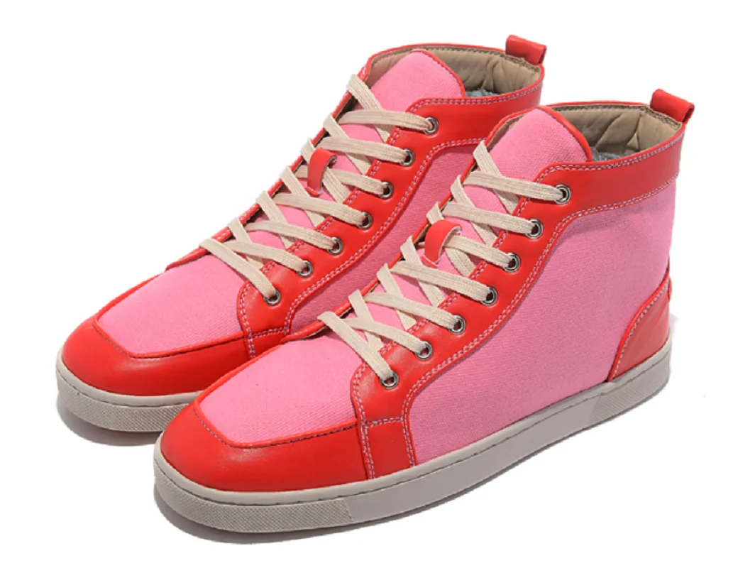 

Luxury New Fashion Design Sports Red Leather Light Red Canvas High Top Flat Shoes Red Sole Lefu Shoes Men's Casual Shoes
