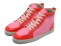 luxury new fashion design sports red leather light red canvas high top flat shoes red sole lefu shoes mens casual shoes