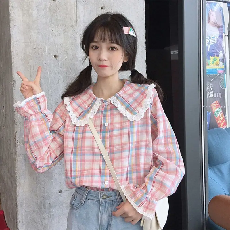 Японская хлопково-льняная клетчатая рубашка с длинными рукавами для женщин