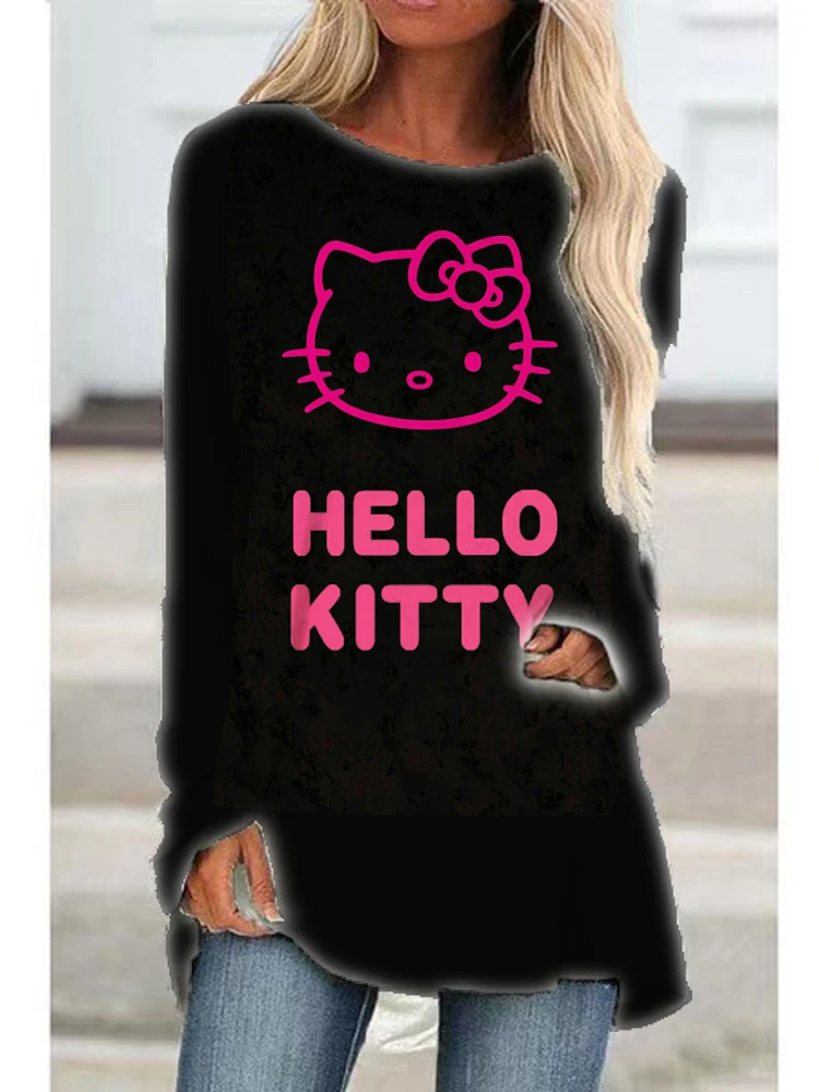 

Hello Kitty Women's T-Shirt Geometric Stripe 3D Print Sports Street Wear Long Sleeve Round Neck Basic Loose T-shirt