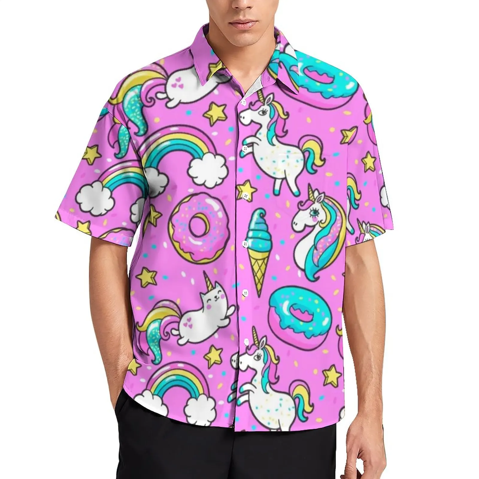 

Cute Doughnut Shirt Hawaii Rainbow UnicornIce Cream Casual Shirts Blouses Short-Sleeve Fashion Oversized