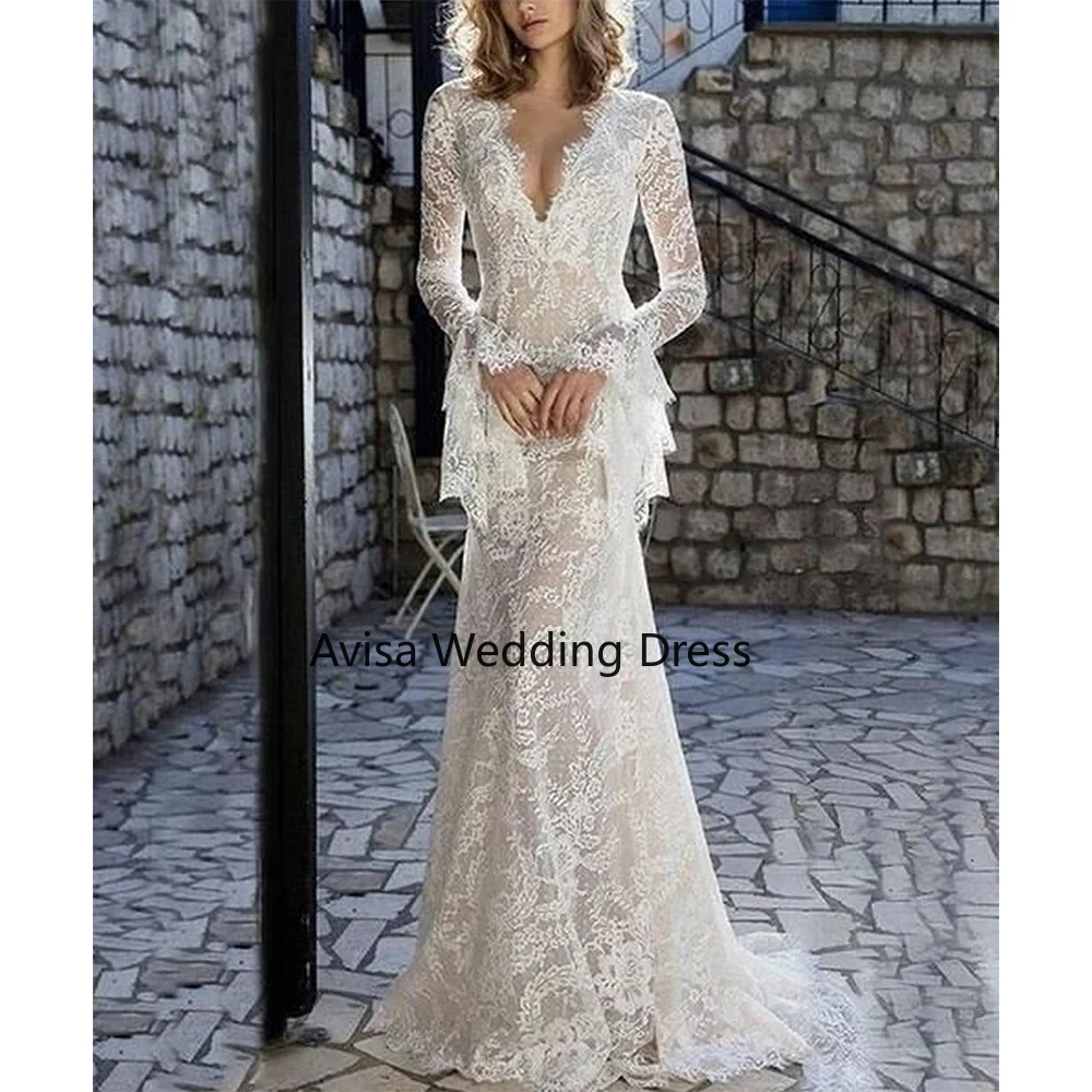 

Luxury Long Sleeves V-Neck Boho Mermaid Wedding Dress 2024 Exquisite Lace Appliques Wide Backless Vestido De Novia Bridal Dress