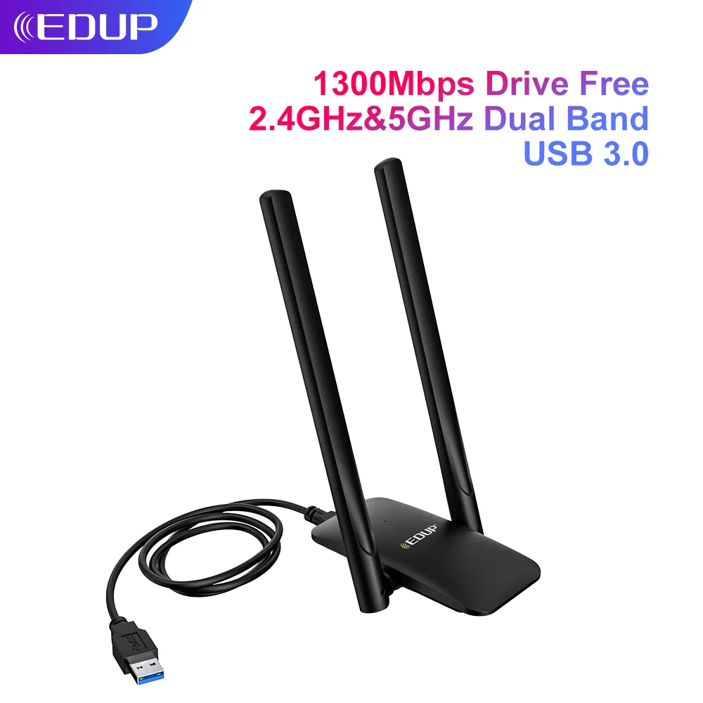 

EDUP 1300Mbps USB WiFi Adapter 2.4G&5.8G Wireless Network Card with USB3.0 Cable 2*6dBi Antenna Drive Free Ethernet Adapter