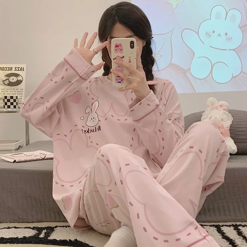 Long Sleeve Women's Pajama Set Cartoon Sweet Style Home Clothes Suitable For Outer Wear Dormitory Spring Autumn Season