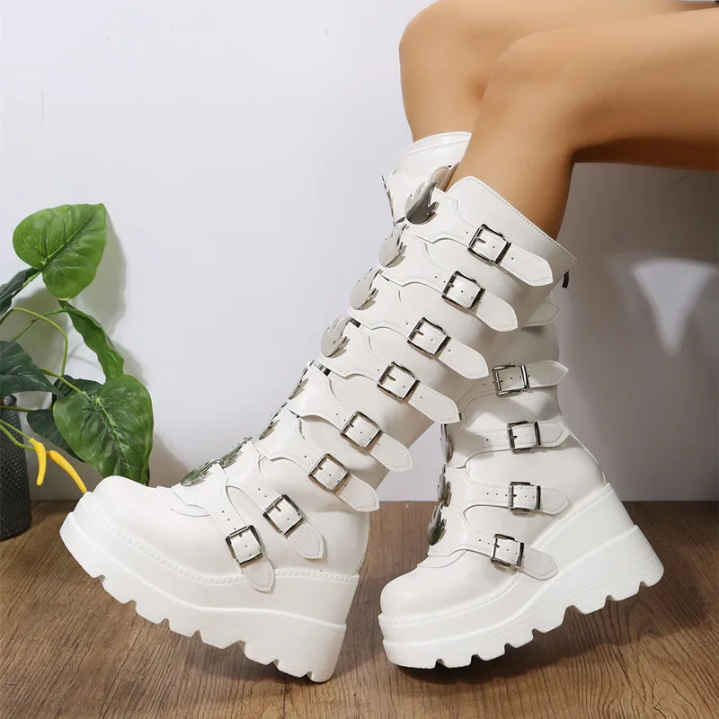 Punk Style Brand Ladies Motorcycle Boots Black Fashion Wedge High Heel Shoes Autumn Winter Gothic Demonias Platforms Woman Boots