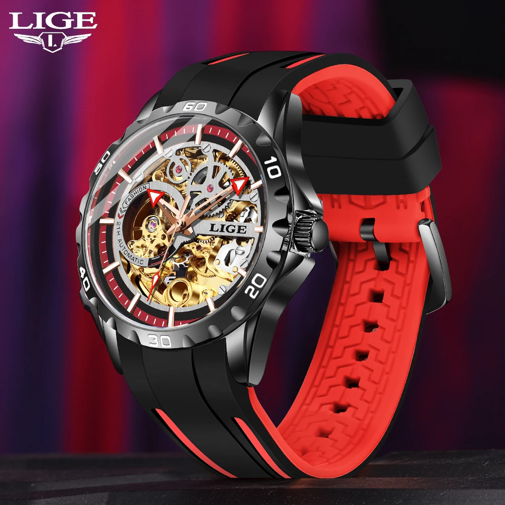 

LIGE Design Mens Watches Mechanical Watch Men Automatic Clock Top Brand Luxury Tourbillon Self Winding Silicone Sport Wristwatch