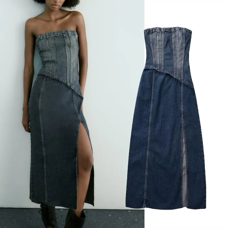 

Платье-миди джинсовое без бретелек, с открытой спиной и разрезом