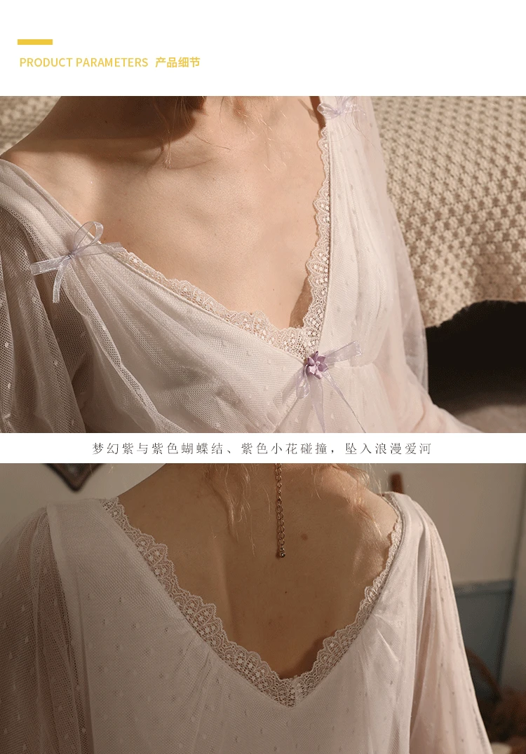 Women's Retro Court Style Elegant Chic Wave Point Gauze Modal Lining with Removable Chest Pad Nightgowns Sleepshirts Sleepwear