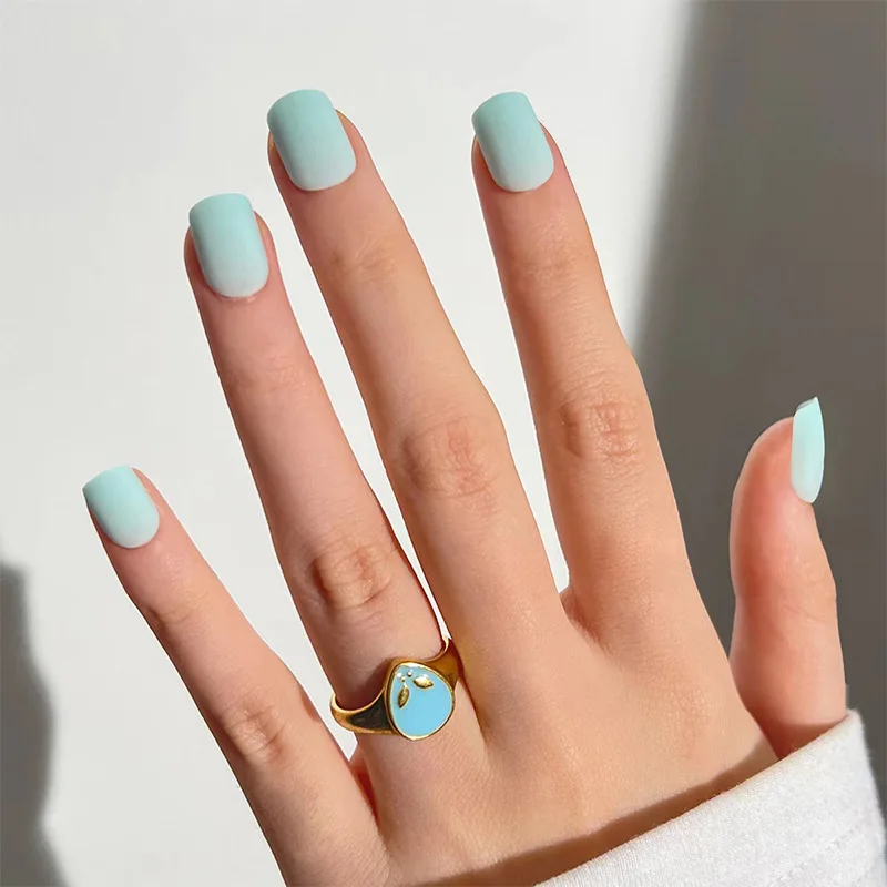 Frosted Matte Mint Blue Wearable Nail Art Lovely Mini Short Fake Nails Detachable Finished False Nails Press on Nails with Glue
