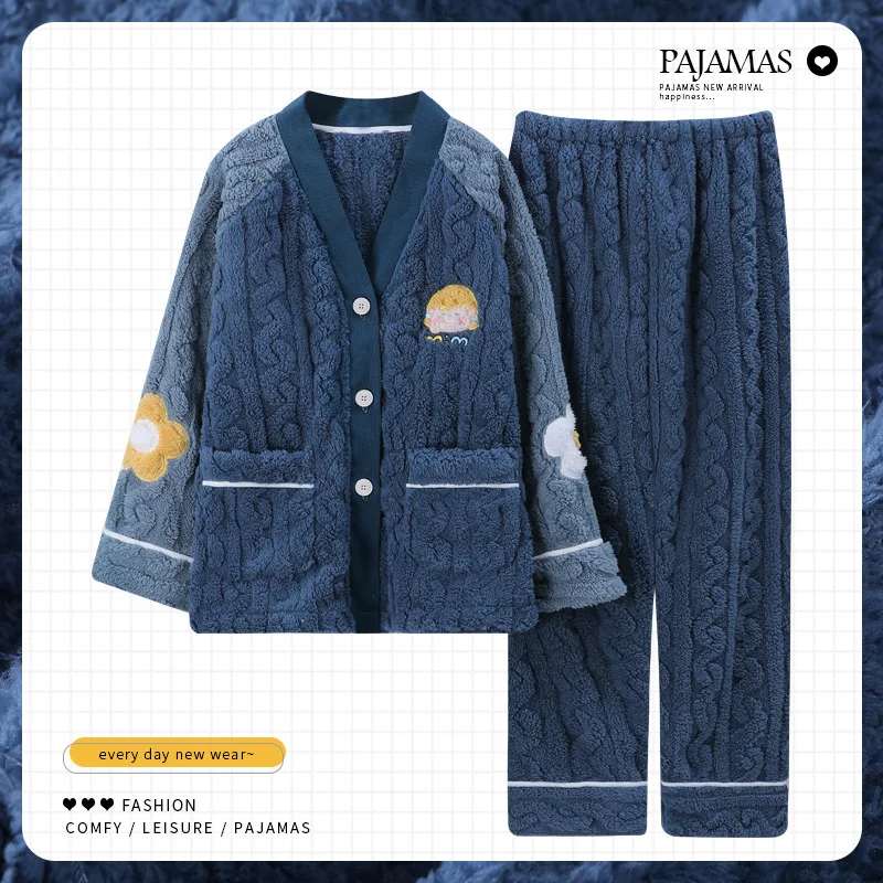 Winter New Coral Velvet Pajamas Women's V-neck Cardigan Warm Flannel Lovely Cartoon Cashmere Home Wear Nightclothes