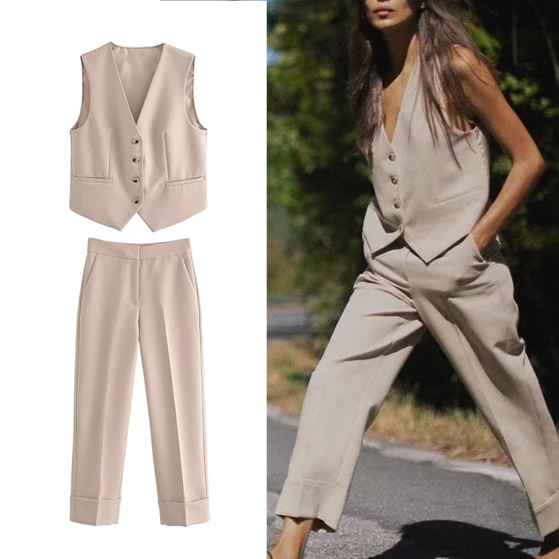 

Костюм брючный женский осенний из жилета и брюк с высокой талией