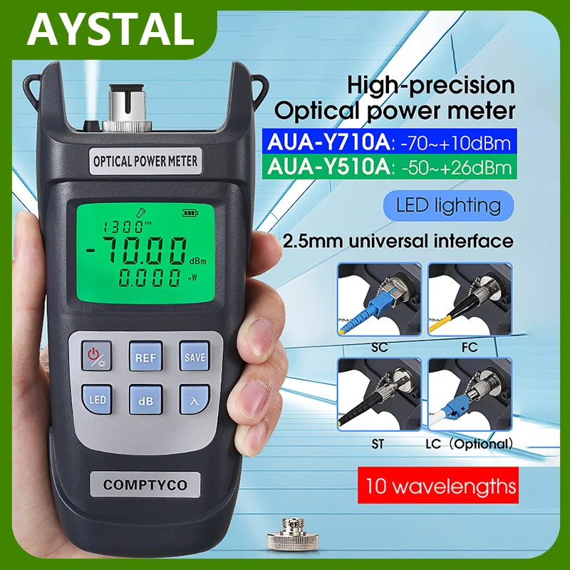 

AUA-Y710A/Y510A Optical Power Meter (Built-In LED Lighting) FTTH Fiber Optic Cable Tester -50~+26dBm/-70~+10dBm SC/FC Adapter