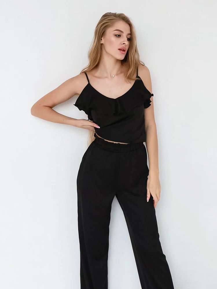 

Пижамный комплект Hiloc с оборками и брюками, соблазнительная женская ночная сорочка на бретелях-спагетти, черный атласный домашний костюм дл...