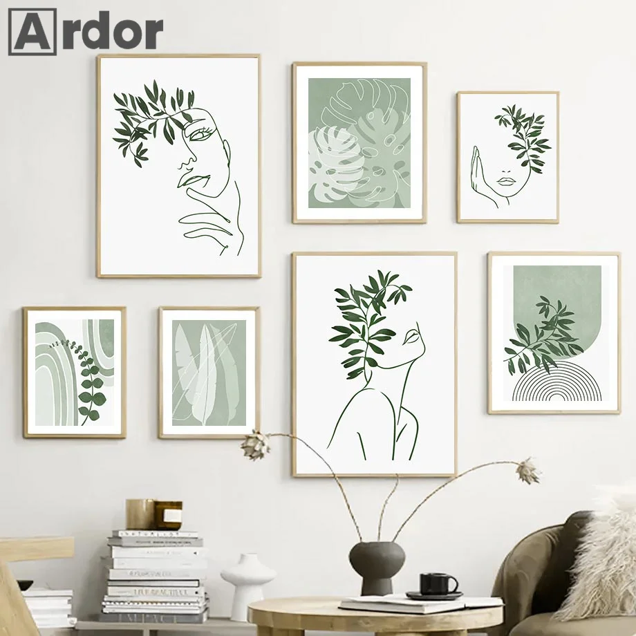 

Abstract Girl Face Line Drawing Monstera Leaf Green Arched Canvas Painting Nordic Posters And Prints Pictures Living Room Decor