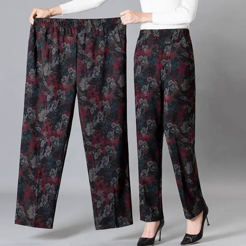 

Women 2023 Autumn Winter New High Waist Straight Pants Female Middle-aged Print Trousers Ladies Thick Warm Casual Trousers A82
