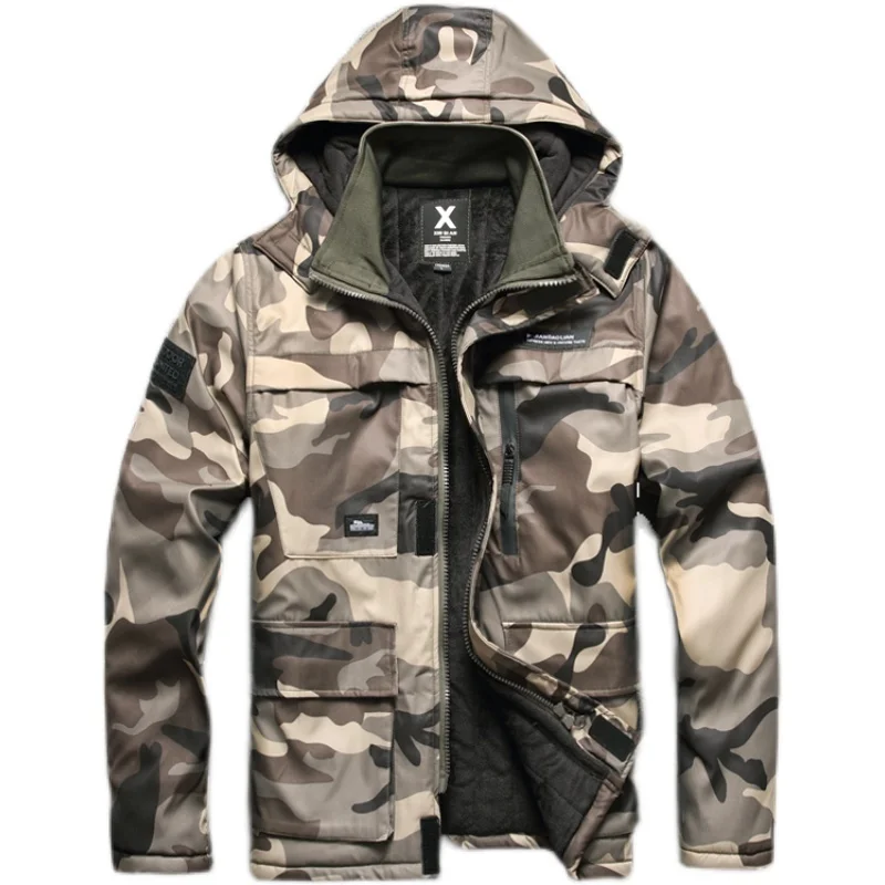 

Men's Plus Winter Velvet Thicken Camouflage Coat Multi Pockets Cargo Parka Mid-Length Windproof Jacket Male