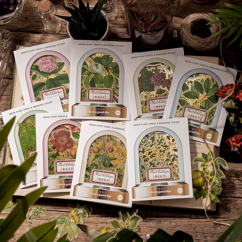 

30packs wholesale Hot Stamping PET Sticker Pack Baicao Series Fresh Plants Handbook Material Decorative 8 Styles Scrapbook