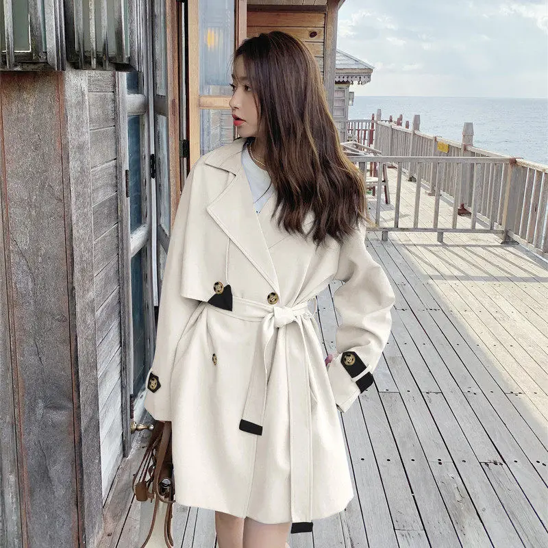 New Leather Patchwork Double Breasted Trench Coat for Women 2022 Fashion Suit Collar Straight Spring Autumn Windbreaker H295