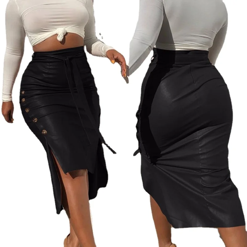 

Brown Black PU Leather Skirt Women 2022 New Midi Sexy High Waist Bodycon Button Split Skirt Office Pencil Skirt Knee Length