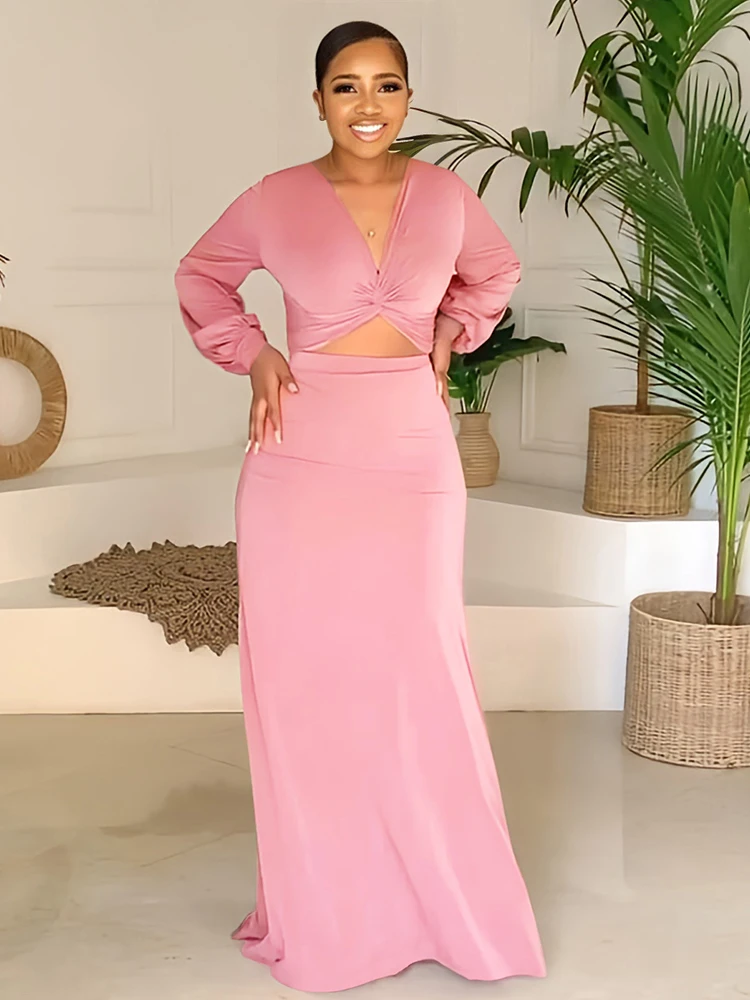 

Pink Green Elegant Fashion Two Piece Dress Sets Sexy Deep V Neck Full Sleeve Cropped Top and Hight Waist Floor Length Boho Skirt