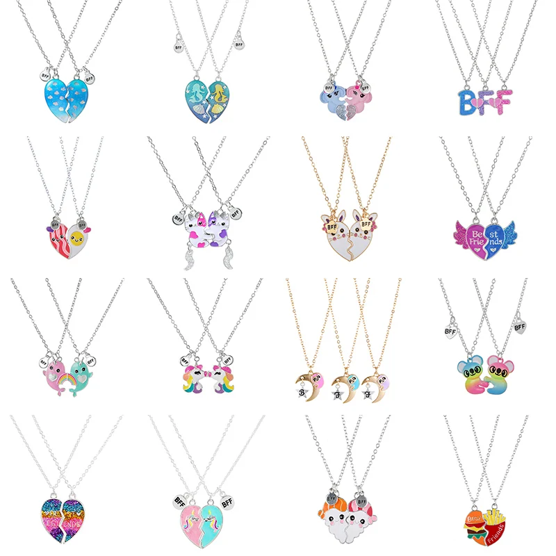 2/3/4Pcs/set Mermaid Heart Unicorn Bear Cat Pendant Best Friend BFF Necklace for Girl Kids Children Friendship Jewelry Gifts
