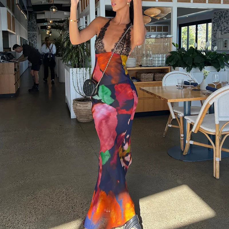 

Gtpdpllt Elegant Tie Dye Floral Chiffon Dress Summer Sexy Women Backless Lace Bodycon Long Dresses 2023 Beach Party Vestidos