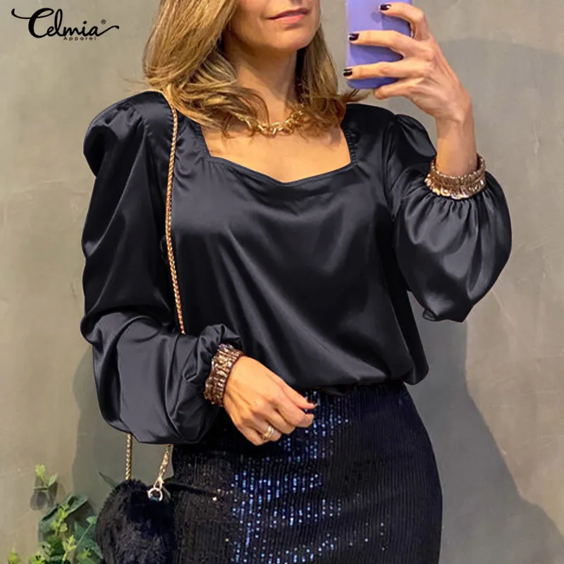 

Celmia Elegant Solid Shirt 2022 Autumn Women Square Collar Puff Long Sleeves Blouse Casual Loose Satin Silk Party Tops Oversized